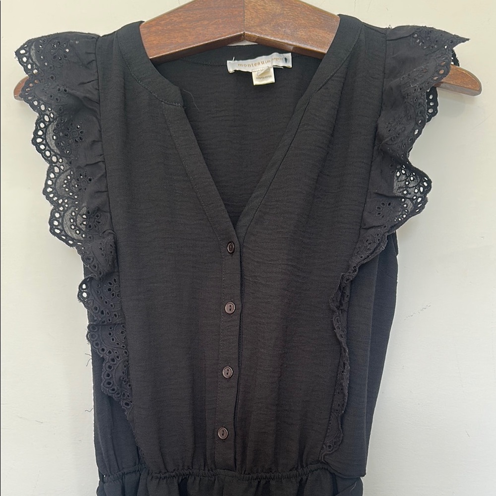 Black Romper with Eyelet Ruffle & Tie Front - Picture 2 of 4
